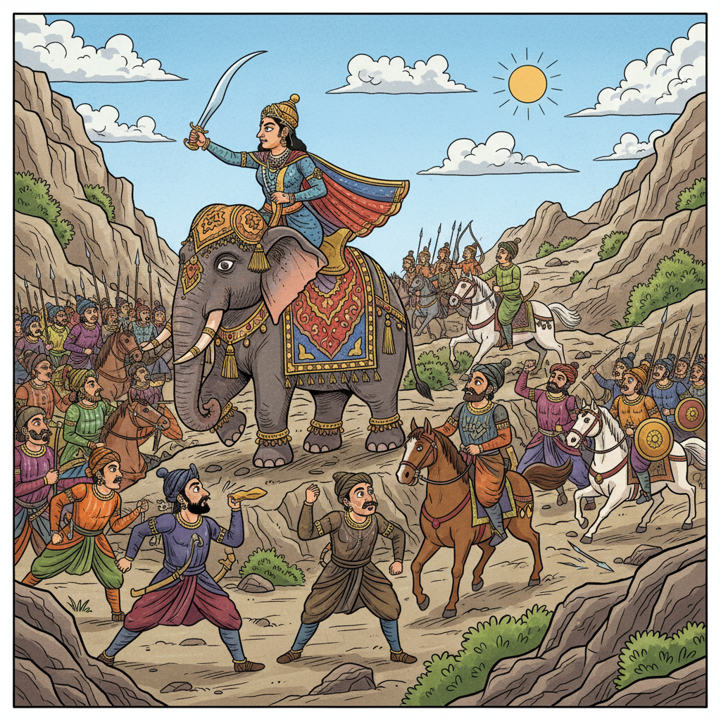 Queen Naiki Devi defeating Muhammad Ghori's army.