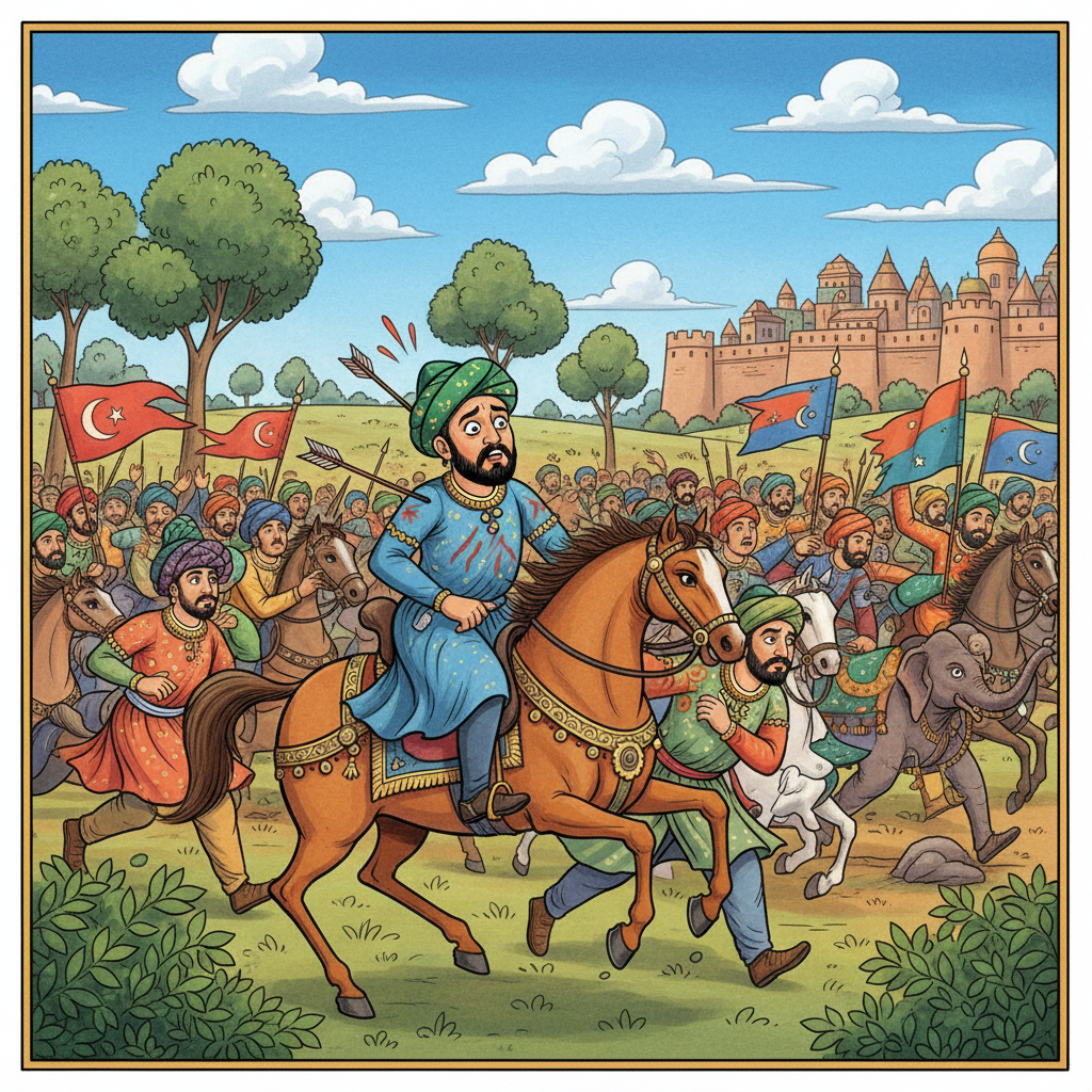 Muhammad Ghori retreating from battle, injured.