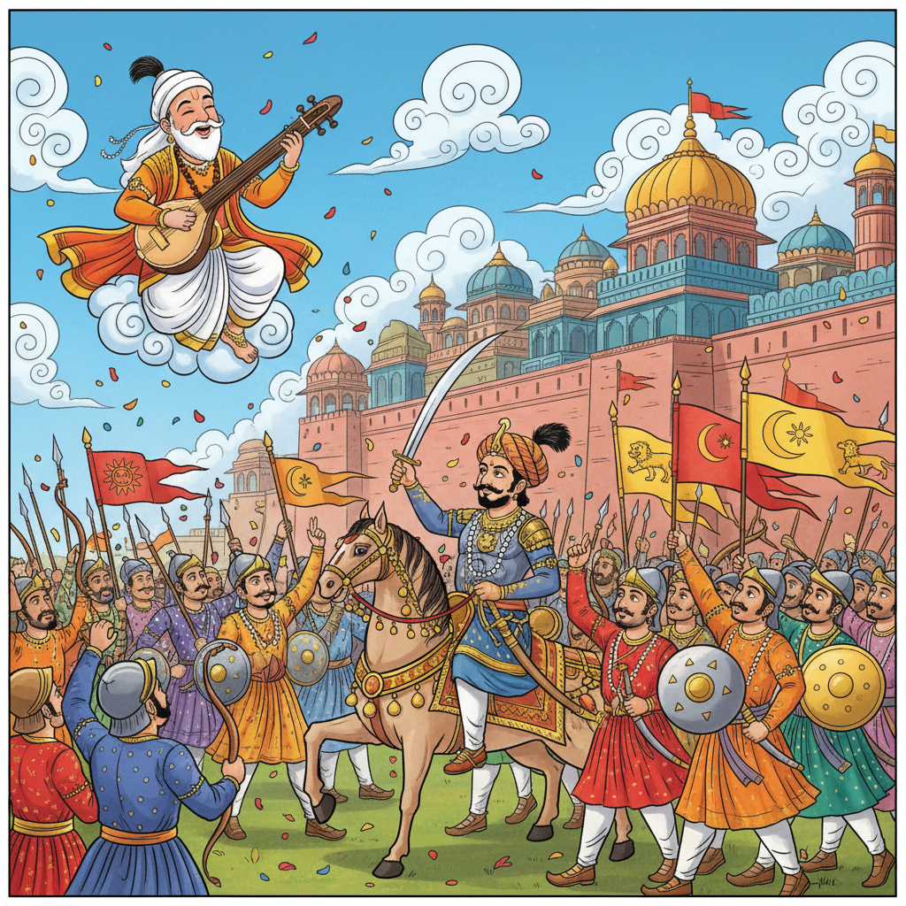 Sage Narada observing a victorious army.