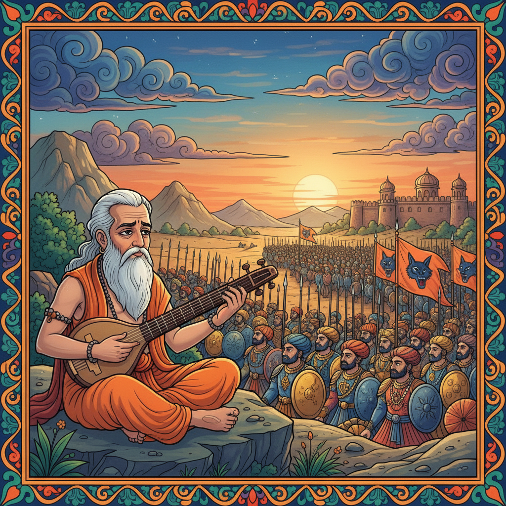 Sage Narada observing Ghori's growing army.