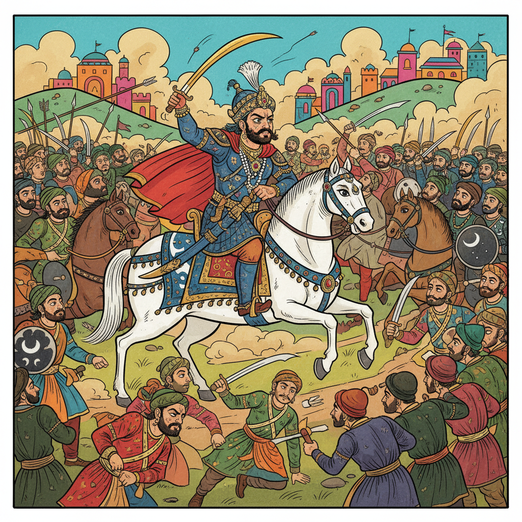 Prithviraj Chauhan fighting bravely in a difficult battle.