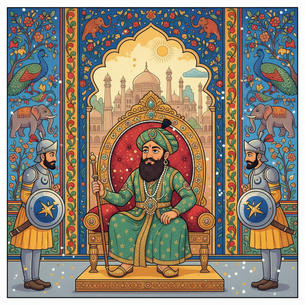 Muhammad Ghori on a throne in Delhi.