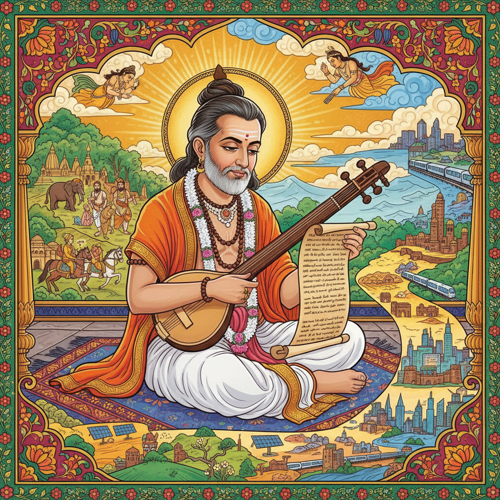 Sage Narada observing a scroll of Indian history.