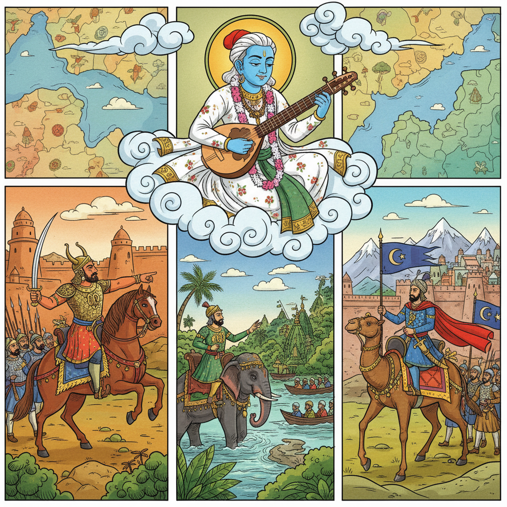 Sage Narada watching Ghori's generals conquer new lands.