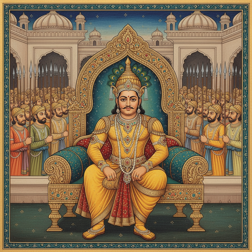 King Vishwamitra on his throne with golden armor and army