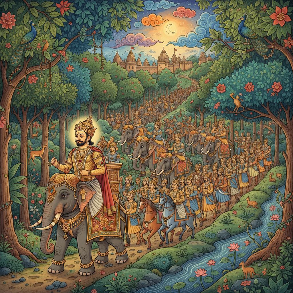 Vishwamitra leading his army through a forest