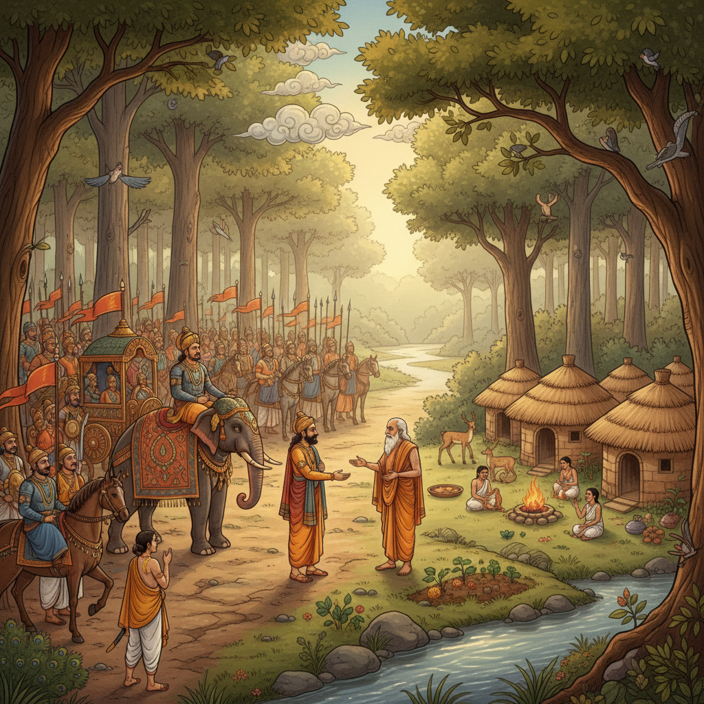 Vishwamitra arriving at Vasishtha's simple ashram