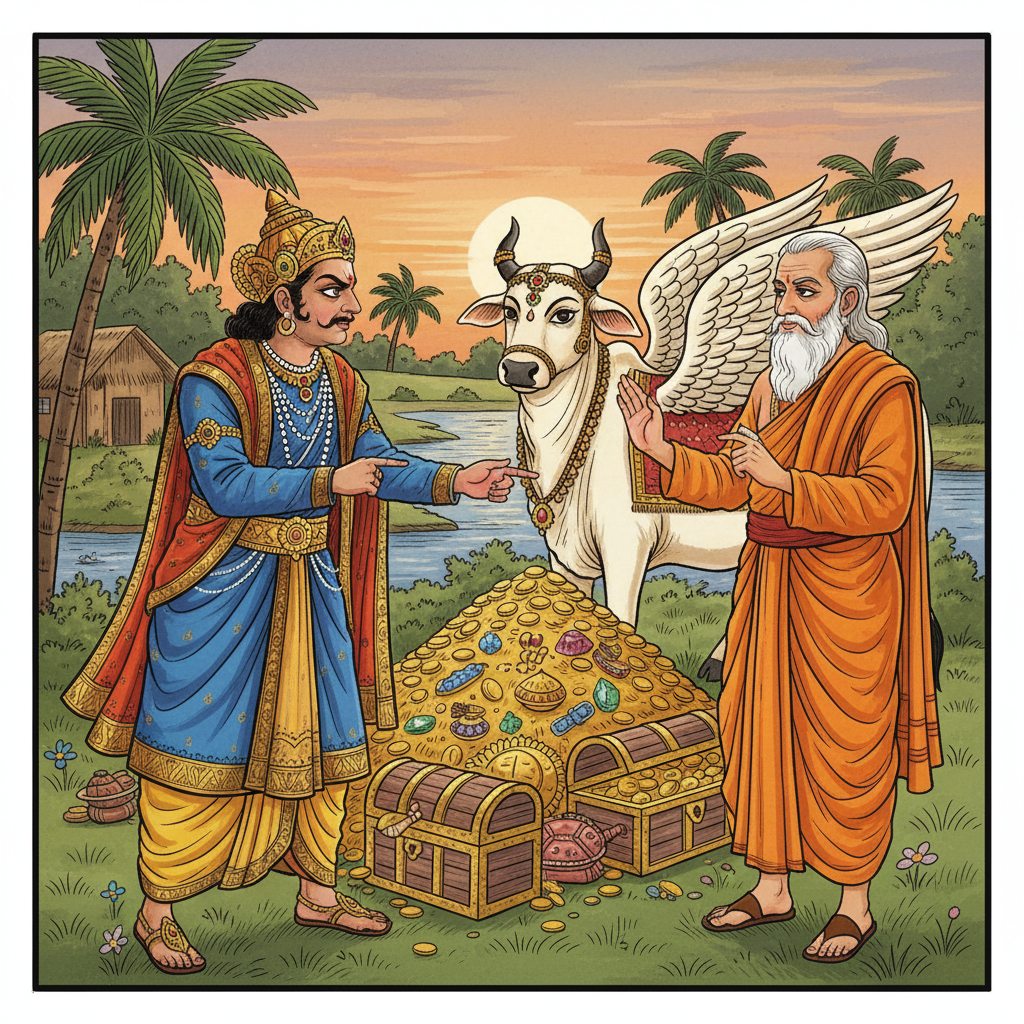 Vishwamitra demanding Kamdhenu, offering gold and jewels