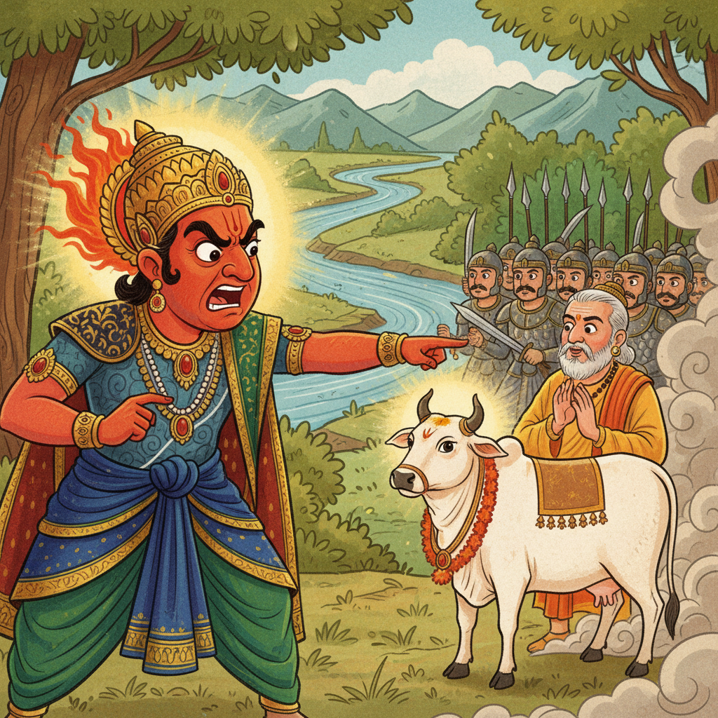 Vishwamitra angry, ordering soldiers to seize the cow