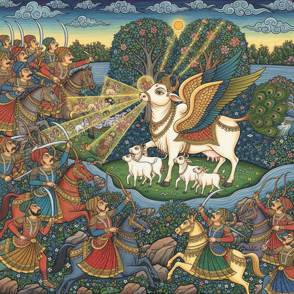 Soldiers charging toward Kamdhenu