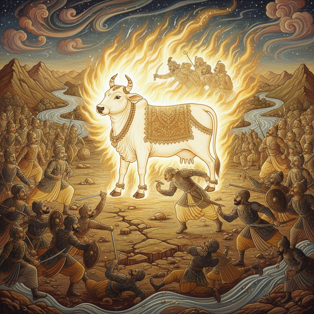 Kamdhenu glowing, creating a divine army from thin air