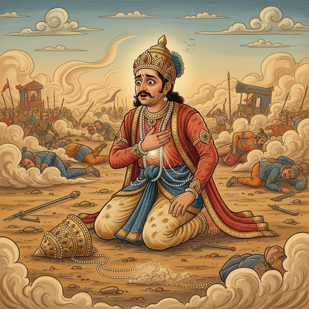 Vishwamitra on the ground, defeated, shocked