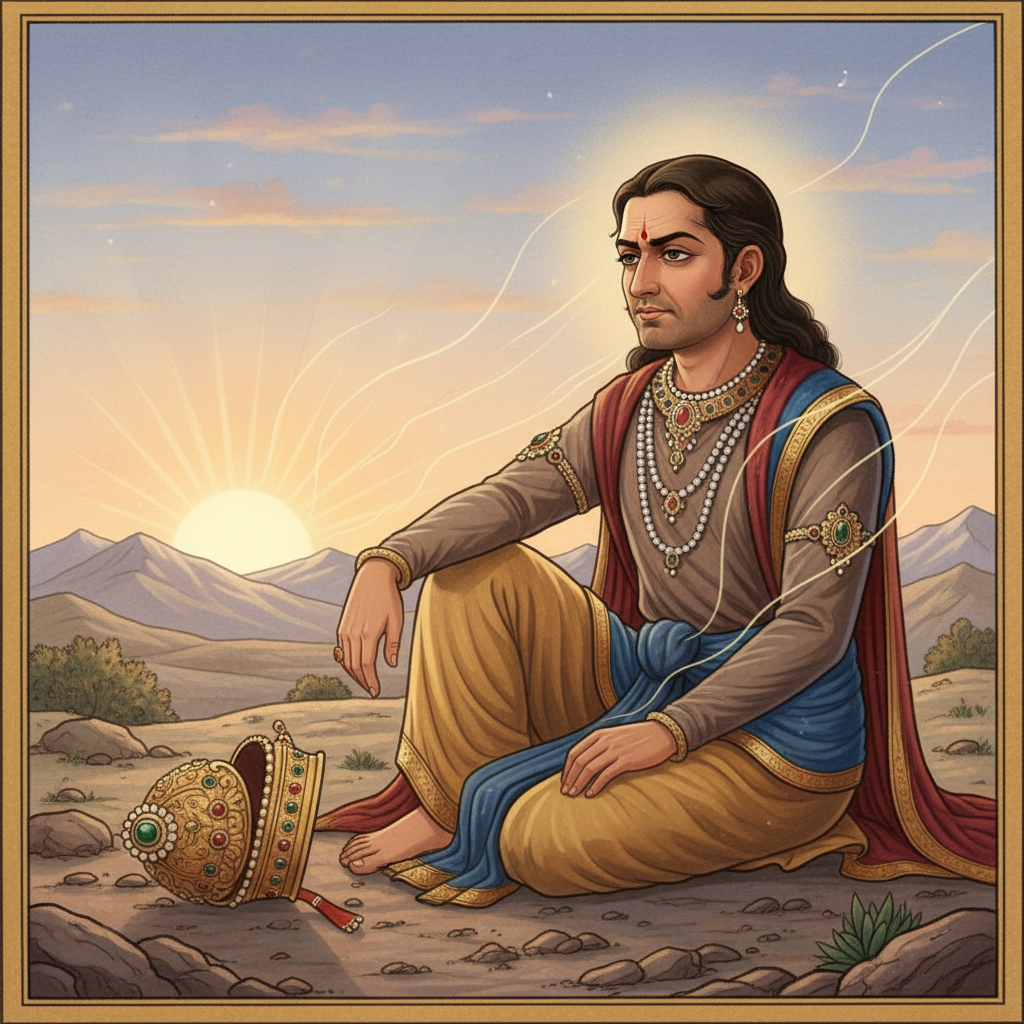 Vishwamitra alone, broken, crown fallen on the ground