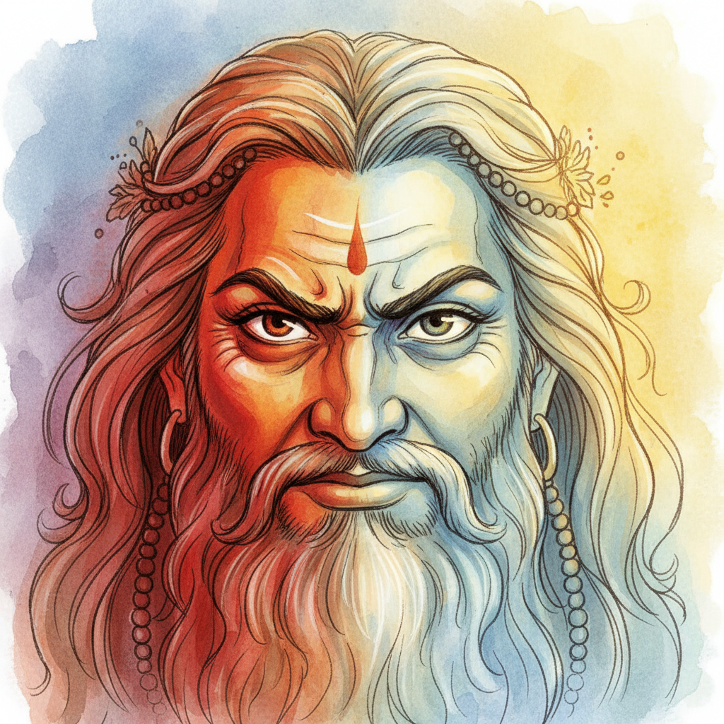 Vishwamitra's face changing from anger to understanding