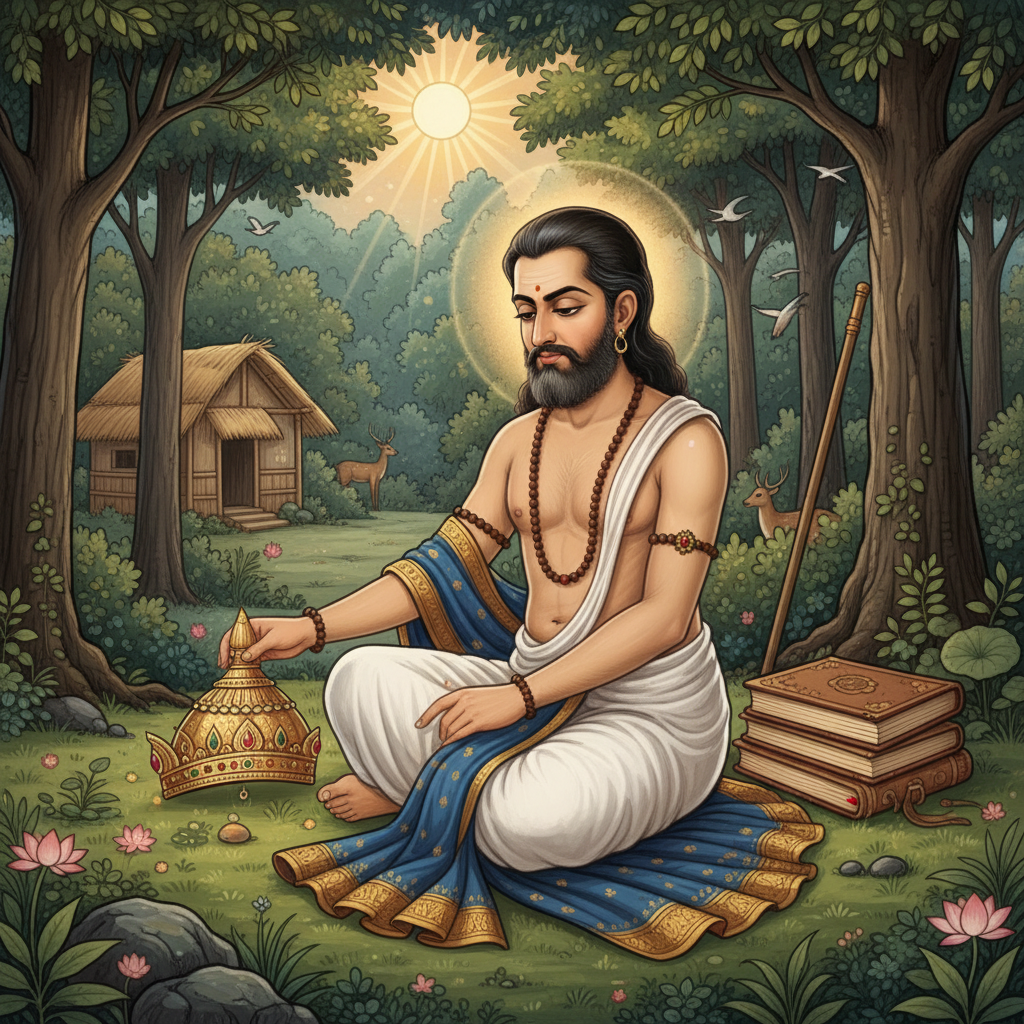 Vishwamitra removing his crown and royal robes