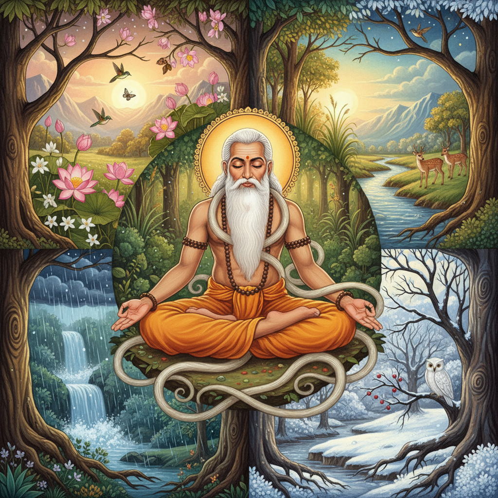 Vishwamitra meditating in a forest, seasons changing around him