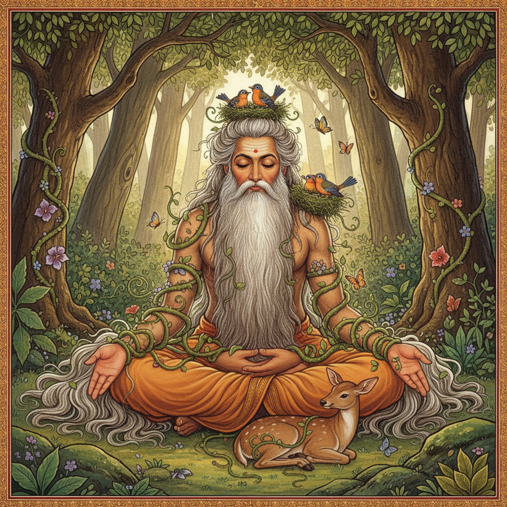 Time passing, hair growing long, vines and birds on him