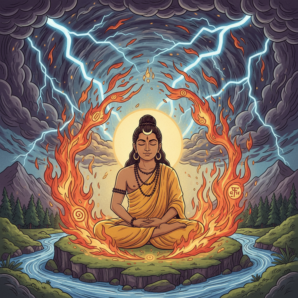 Storms and fire attacking Vishwamitra, he sits unmoved