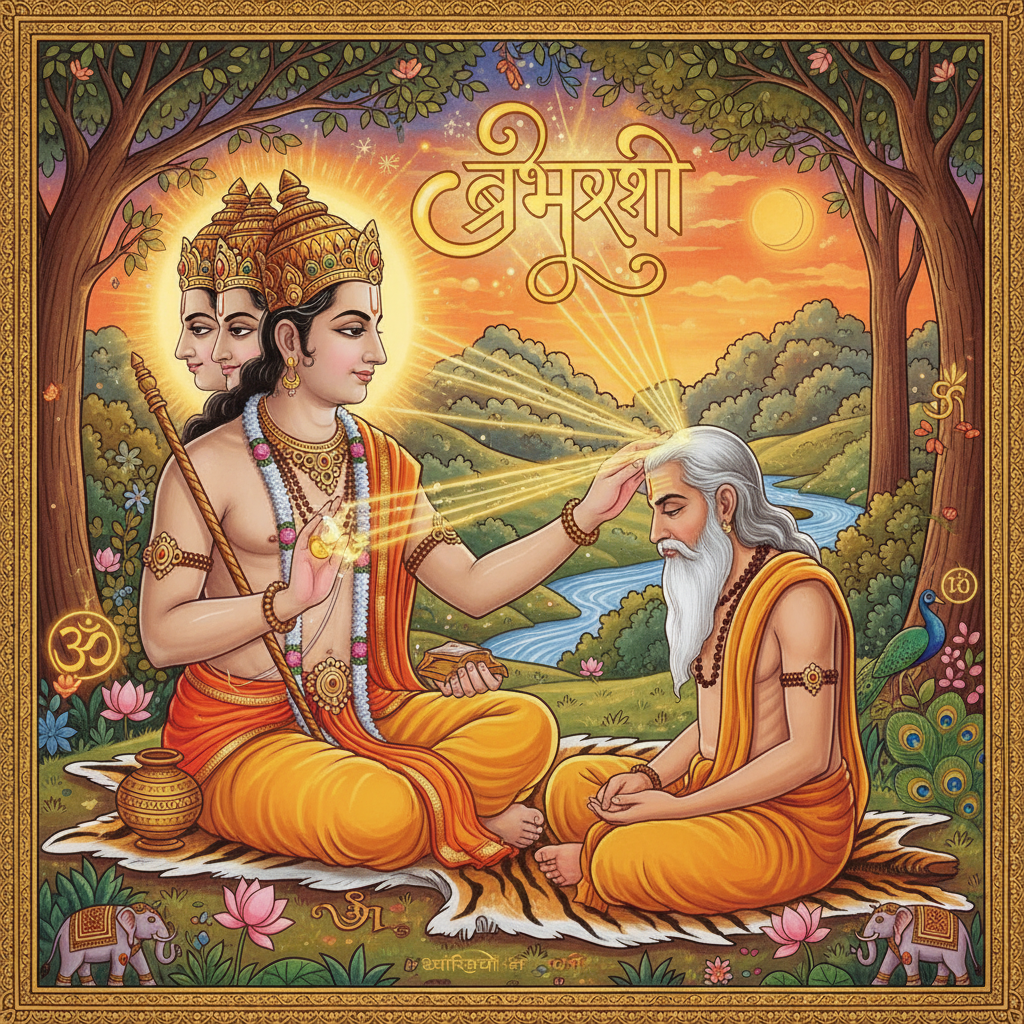 Brahma touching Vishwamitra's head, golden energy flowing