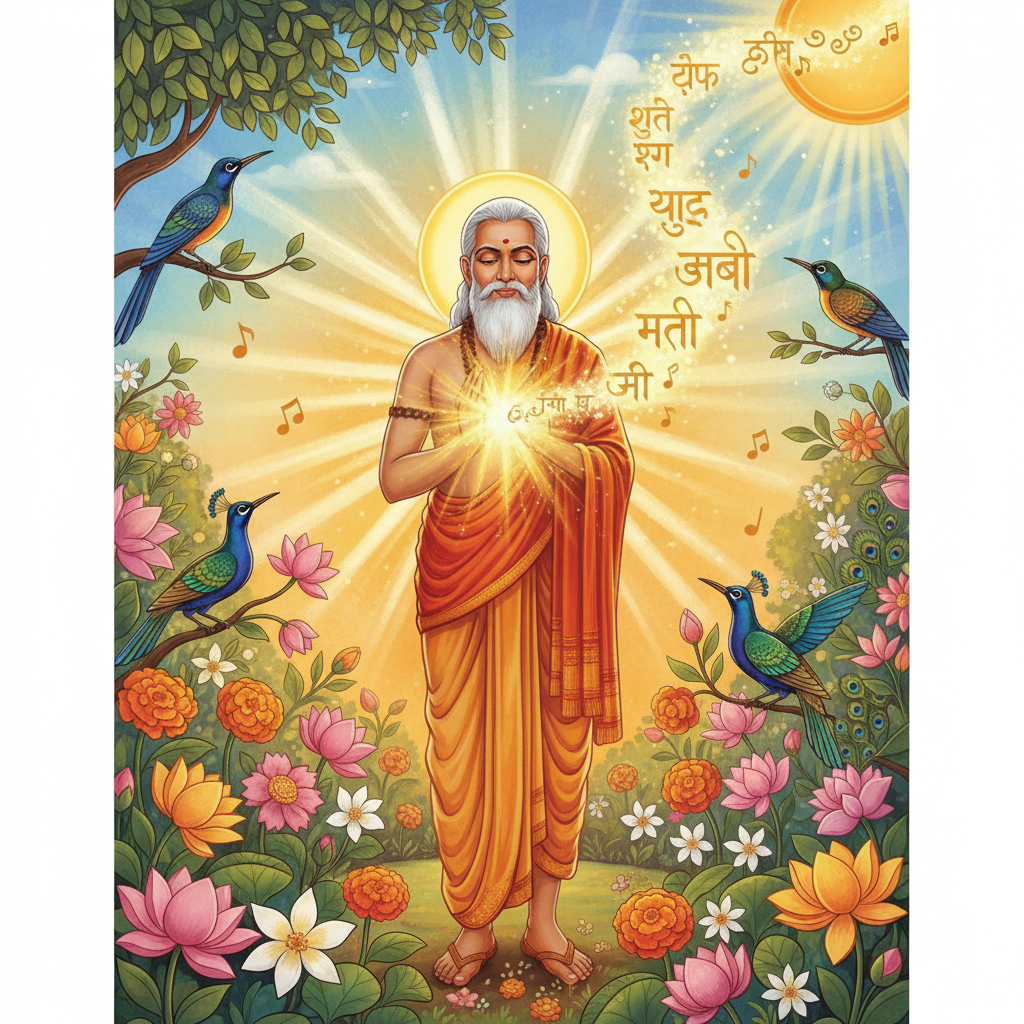Golden divine light erupting from Vishwamitra's heart, Gayatri Mantra as golden Sanskrit text
