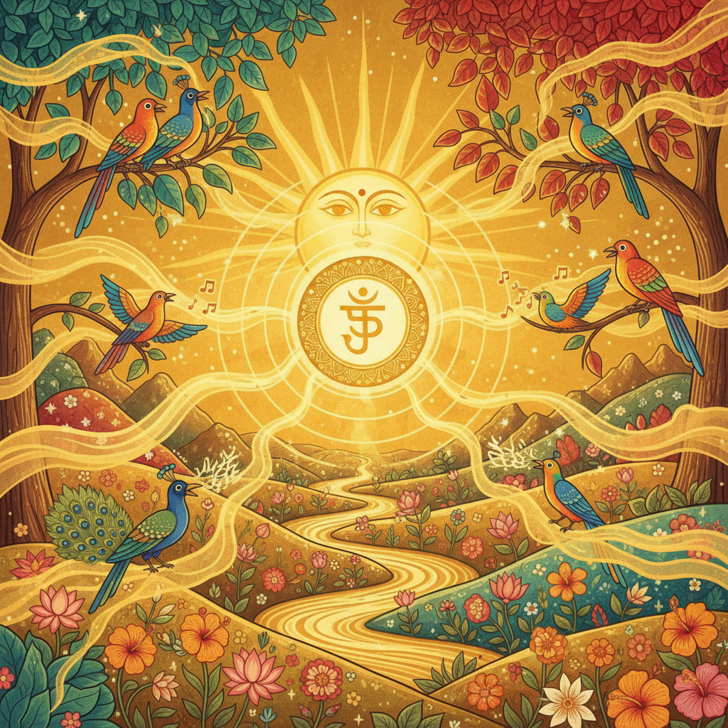 The mantra radiating outward, flowers blooming, birds singing, sun shining brighter